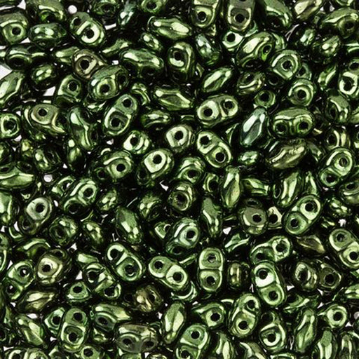 Czech Glass MiniDuo, 2-Hole Beads 2x4mm, Metallic Green  (2.5 Inch Tube)