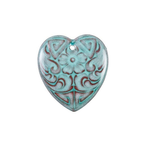 Pendant, Heart with Flower 22mm, Enameled Brass Peppermint Green, by Gardanne Beads (1 Piece)