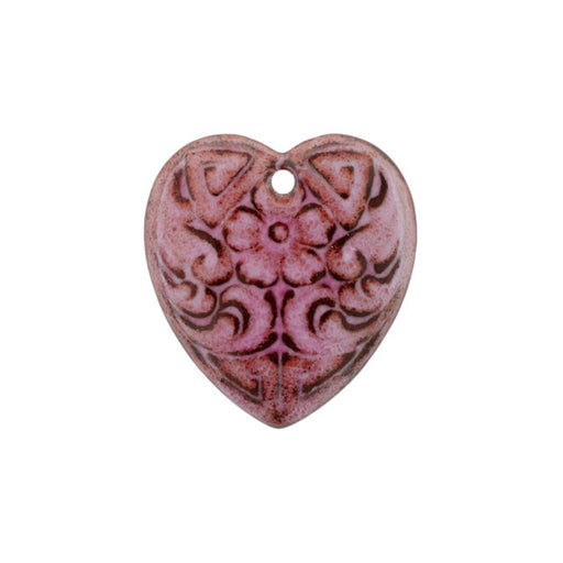 Pendant, Heart with Flower Design 24x22mm, Enameled Brass Raspberry Pink, by Gardanne Beads (1 Piece)