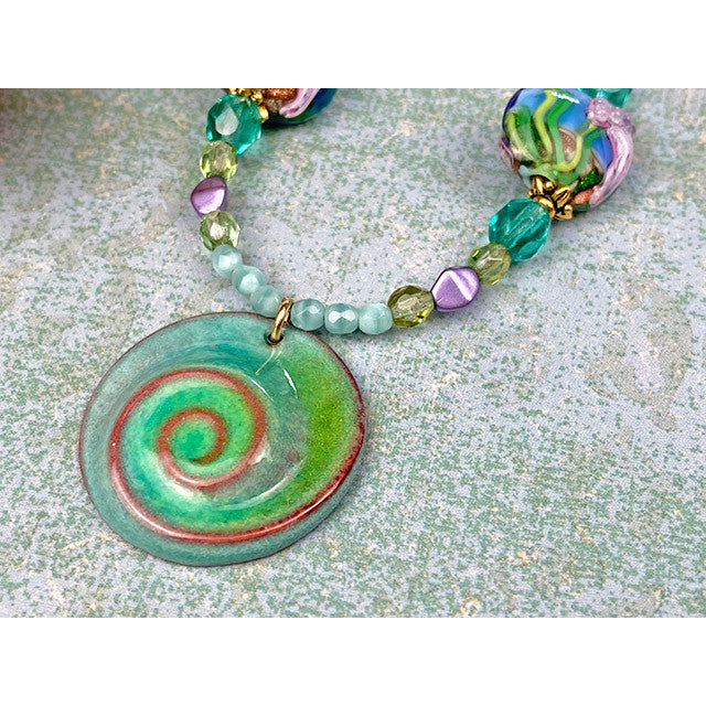 Pendant, Round Disc Small Nautilus Shell 26mm, Enameled Brass Lime Green Blend, by Gardanne Beads (1 Piece)