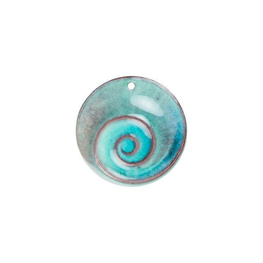Pendant, Round Disc Nautilus Shell 32mm, Enameled Brass Aqua Blue, by Gardanne Beads (1 Piece)