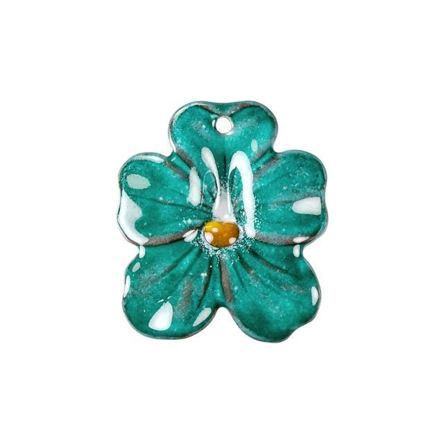 Pendant, Small Pansy Flower 29x25mm, Enameled Brass Teal Blue, by Gardanne Beads (1 Piece)