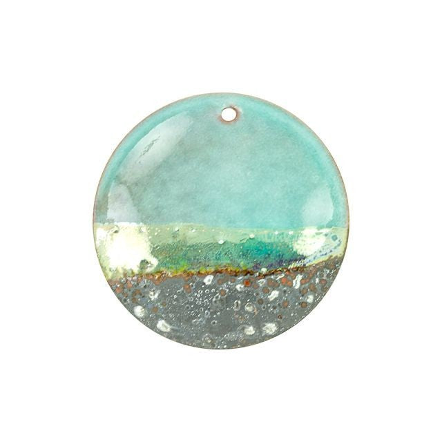 Pendant, Round Disc with Horizon Pattern 30mm, Enameled Brass Seafoam Green, by Gardanne Beads (1 Piece)