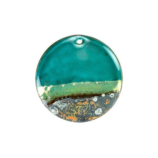 Pendant, Round Disc with Horizon Pattern 30mm, Enameled Brass Teal Blue, by Gardanne Beads (1 Piece)
