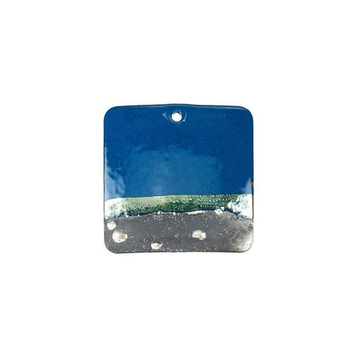 Pendant, Square with Horizon Pattern 26mm, Enameled Brass Blue and Silver, by Gardanne Beads (1 Piece)