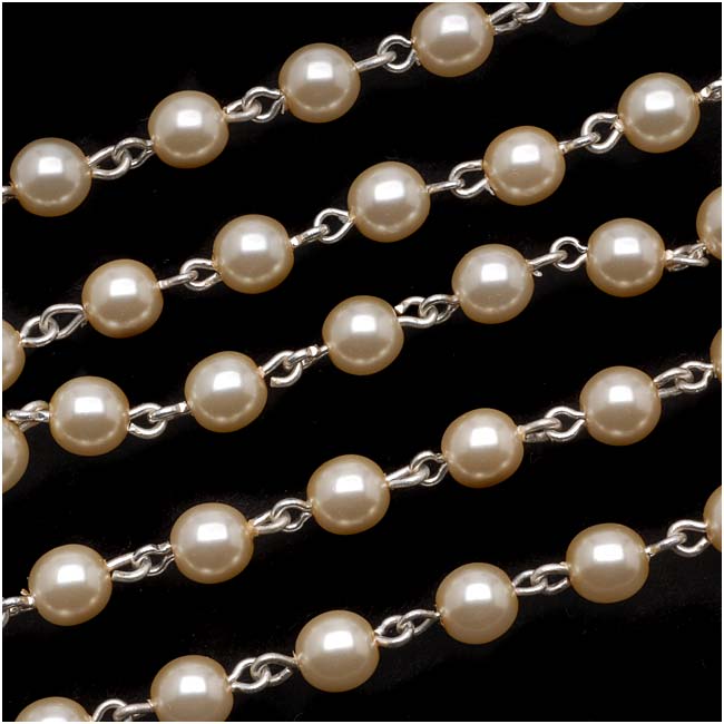 Czech Glass Beaded Chain, Cream Pearls 6mm, Silver Plated (1 inch)