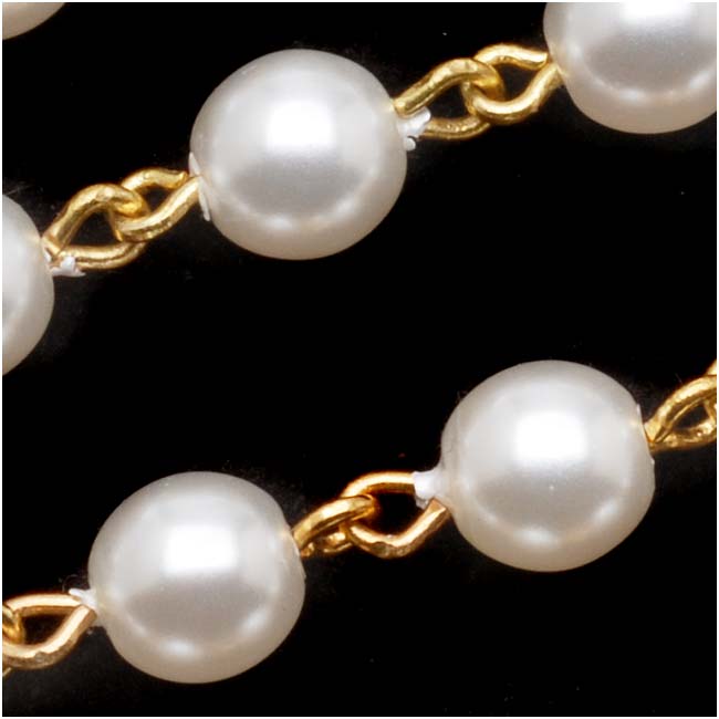 Czech Glass Beaded Chain, White Pearls 6mm, Gold Plated (1 inch)