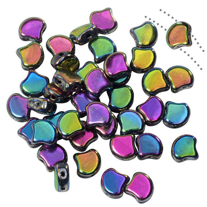 Czech Glass, 2-Hole Ginko Beads 7.5mm, Jet Full Vitrail (10 Grams)