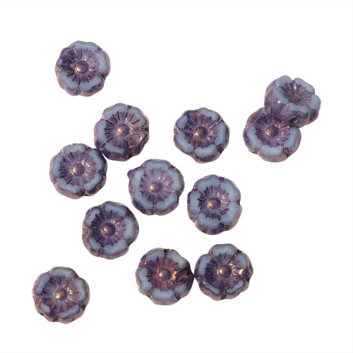 Czech Glass Beads, Hibiscus Flower 7mm, Blue Sky Silk with Purple Bronze Finish, by Raven's Journey (1 Strand)