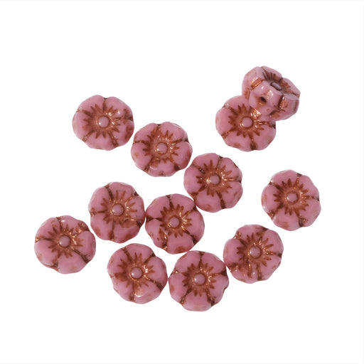 Czech Glass Beads, Hibiscus Flower 7mm, Pink Silk with Bronze Finish, by Raven's Journey (1 Strand)