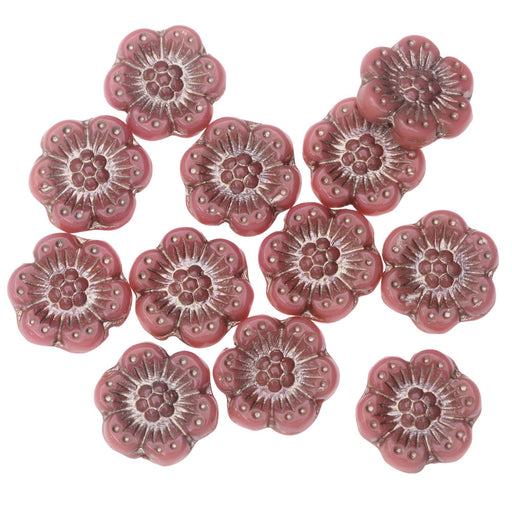 Czech Glass Beads, Wild Rose Flower 14mm, Pink Opaque with Platinum Wash, by Raven's Journey (1 Strand)