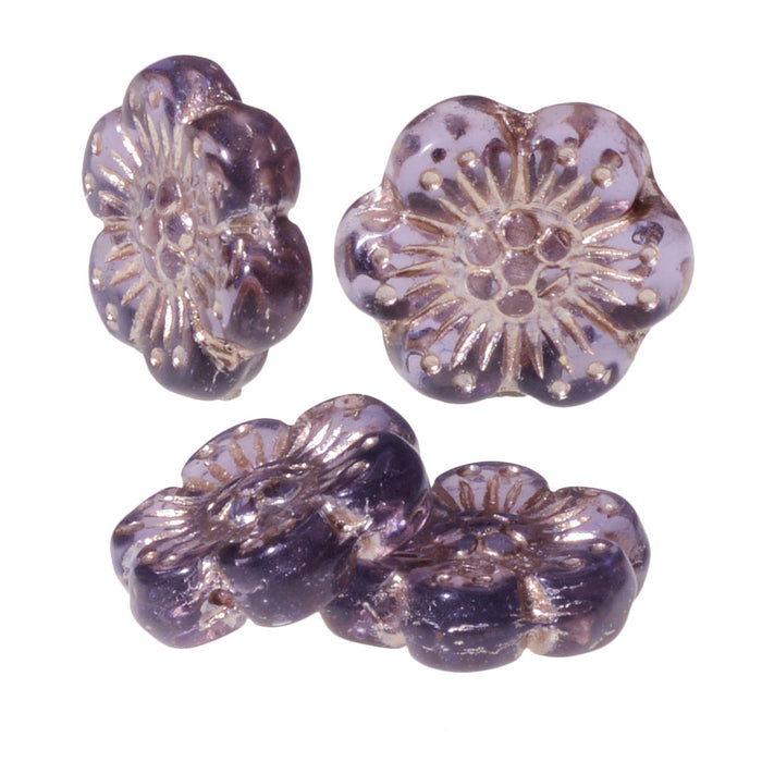 Czech Glass Beads, Wild Rose Flower 14mm, Tanzanite Purple Transparent with Platinum Wash, by Raven's Journey (1 Strand)
