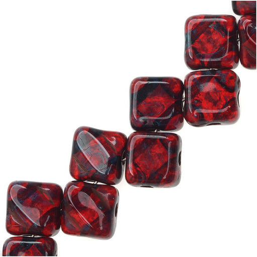 Czech Glass 2-Hole Silky Beads, 6mm Diamond Shape, Ruby Red Picasso (40 Pieces)