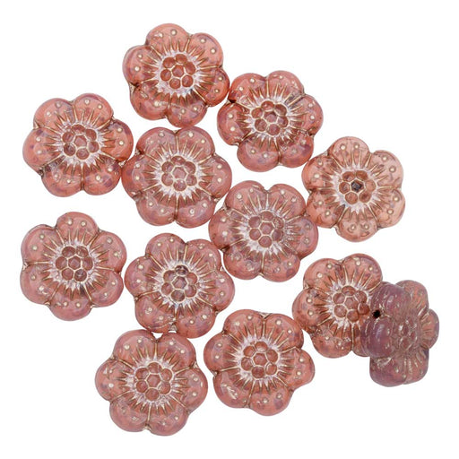 Czech Glass Beads, Wild Rose Flower 14mm, Pink Opaline, Platinum Wash, 1 Str, by Raven's Journey