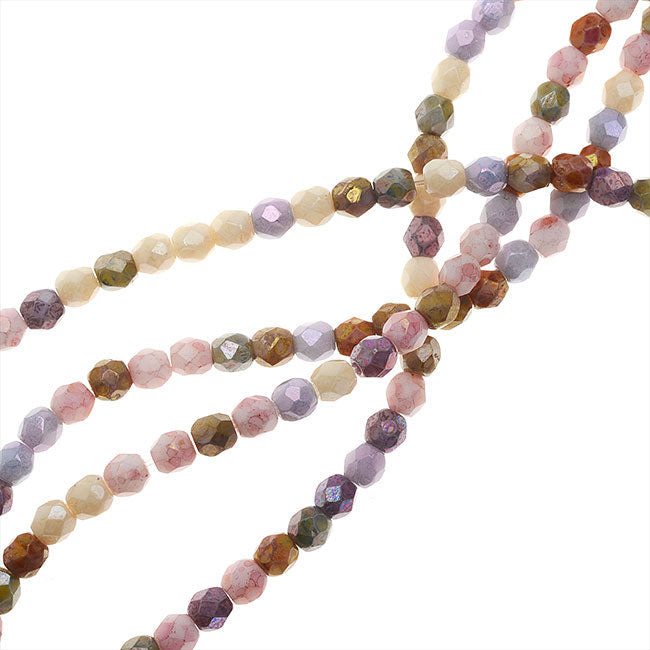 Czech Fire Polished Glass, 3mm Faceted Round Beads, Opaque Luster Mix (50 Piece Strand)