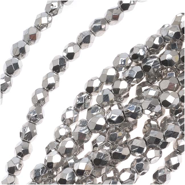 Czech Fire Polished Glass Beads 4mm Round Metallic Silver Full-Coat (50 pcs)
