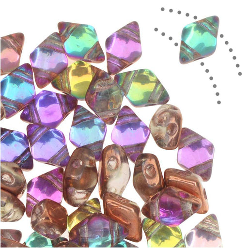 Czech Glass DiamonDuo, 2-Hole Diamond Shaped Beads 4x6mm, Prismatic Fiesta (25 Gram Pack)