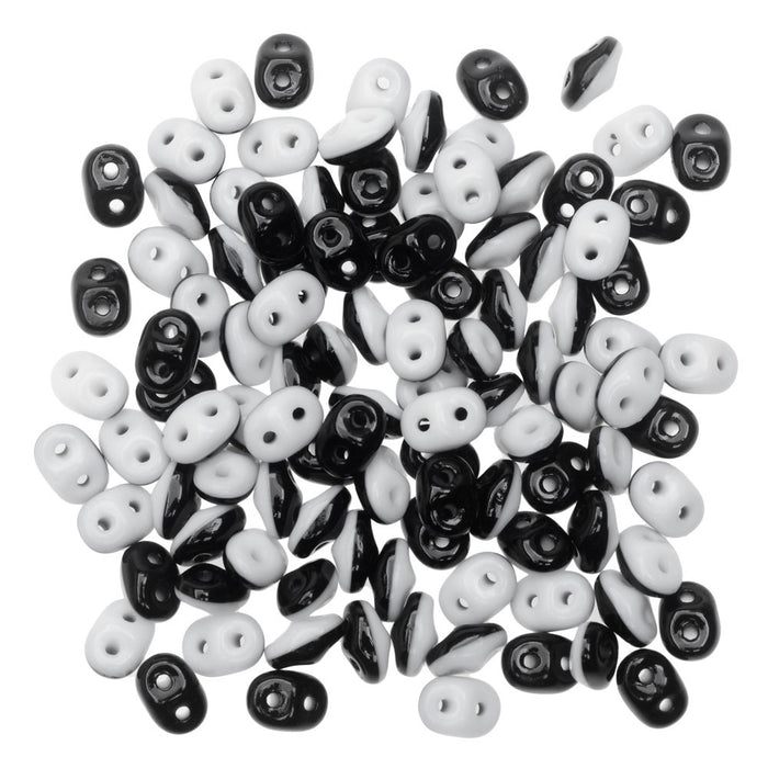 SuperDuo Duets 2-Hole Czech Glass Beads, Opaque Black & White, 8g Tube