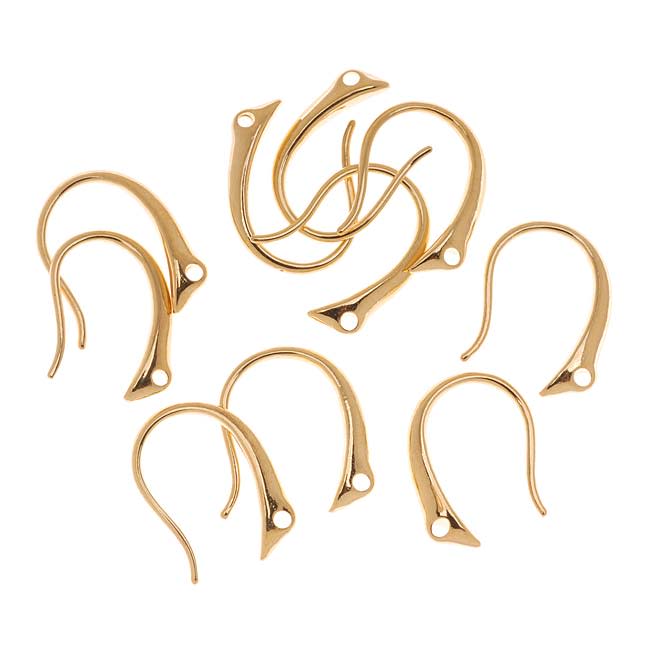 Earring Findings, Tapered Round Hooks, 13.5x9mm, Gold Plated (5 Pairs)