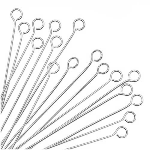 Open Eye Pins, 2 Inches Long and 22 Gauge Thick, Silver Plated (50 Pieces)