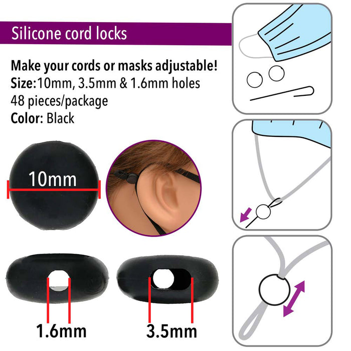 Fablastic Cord Locks for Mask Making, Round 10mm with 1.6 & 3.5mm Holes, Black (48 Pieces)