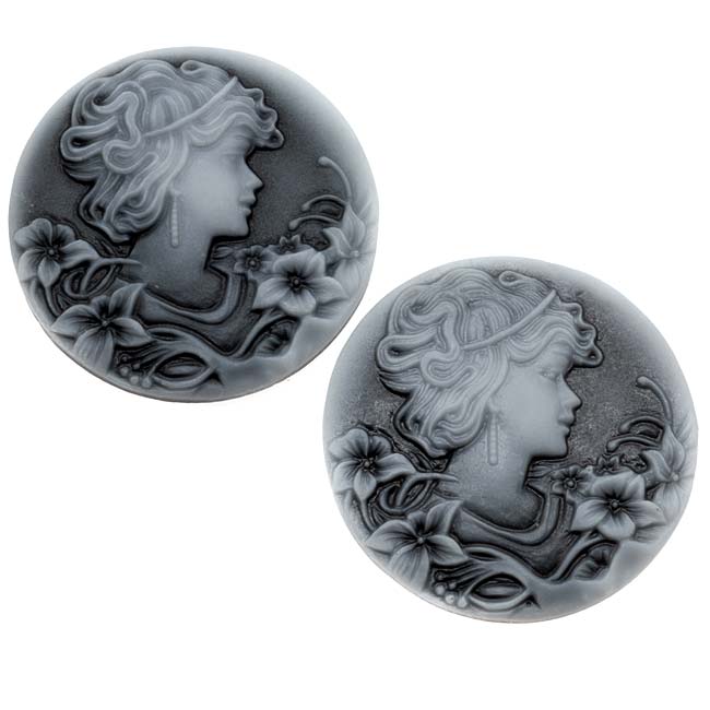 Vintage Style Round Lucite Cameo - Black With Gray Woman And Flowers 32mm (2 pcs)