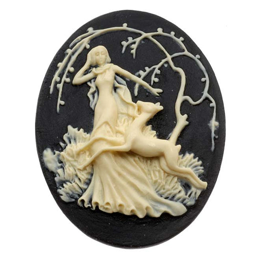 Lucite Oval Cameo - Black With Ivory Art Deco Lady Of The Forest 40x30mm (1 pcs)