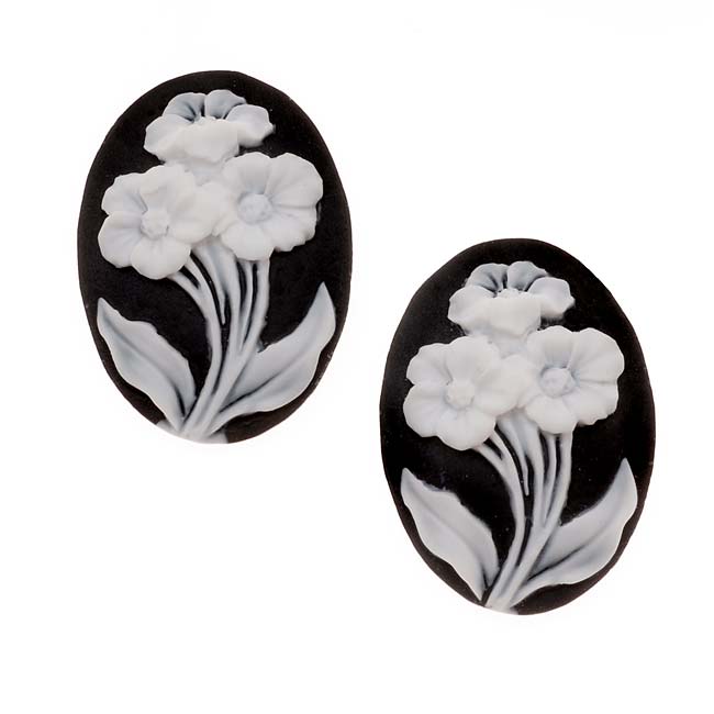 Vintage Style Lucite Oval Cameo Black With 3 White Flowers 25x18mm (2 Pieces)