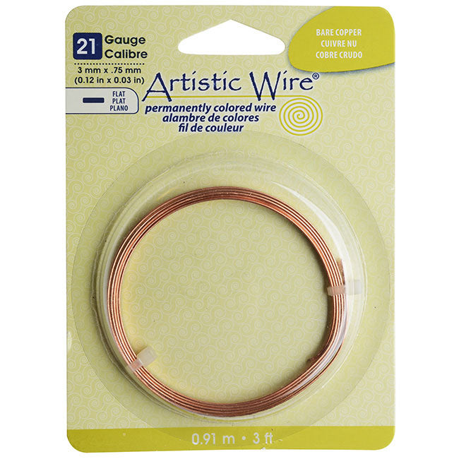 Artistic Wire, Flat Craft Wire 3mm 21 Gauge Thick, 3 Foot Coil, Bare Copper