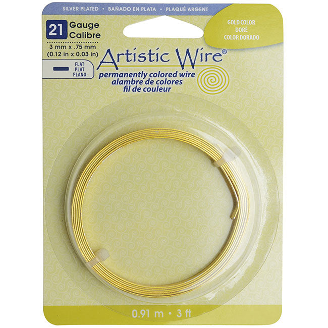 Artistic Wire, Flat Craft Wire 3mm 21 Gauge Thick, 3 Foot Coil, Silver Plated Gold Color