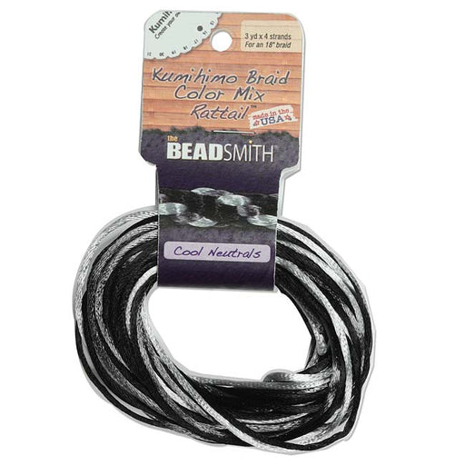 The Beadsmith Satin Rattail Braiding Cord 1mm Cool Neutrals Black & Grey Mix 4 Colors - 3 Yds Each
