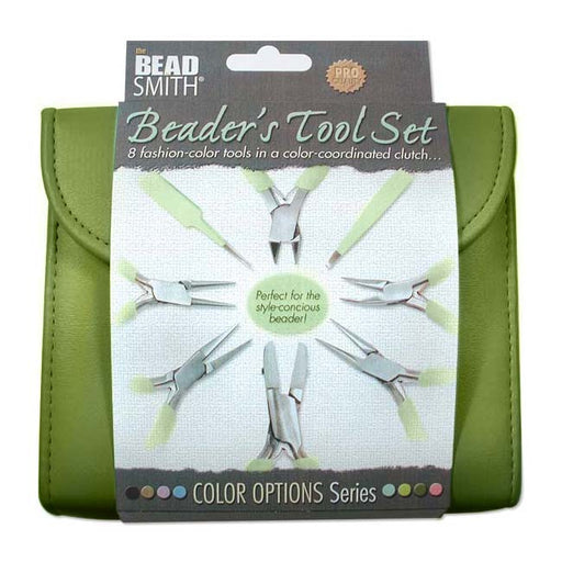 The Beadsmith 8 Piece Plier & Tweezer Set Olive Green Jeweler's Tool Kit With Travel Case