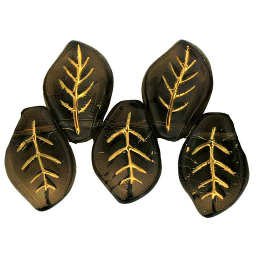 Czech Leaves 14 x 9mm Smoky Topaz - Gold Inlay (25pcs)