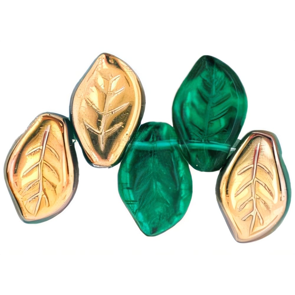 Czech Leaves 14 x 9mm: Bronze - Emerald (25pcs)