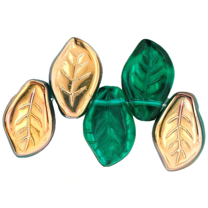 Czech Leaves 14 x 9mm: Bronze - Emerald (25pcs)