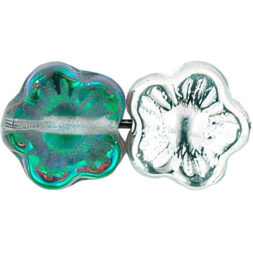 Czech Flowers 10 x 10mm Silver/Pink/Green (25pcs)