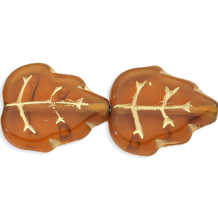 Czech Medium Leaves 12 x 10mm Vertical Hole Topaz - Gold Inlay (25pcs)