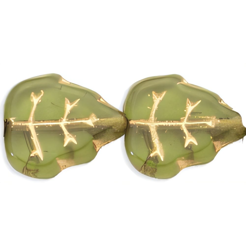 Czech Medium Leaves 12 x 10mm Vertical Hole Olivine - Gold Inlay (25pcs)