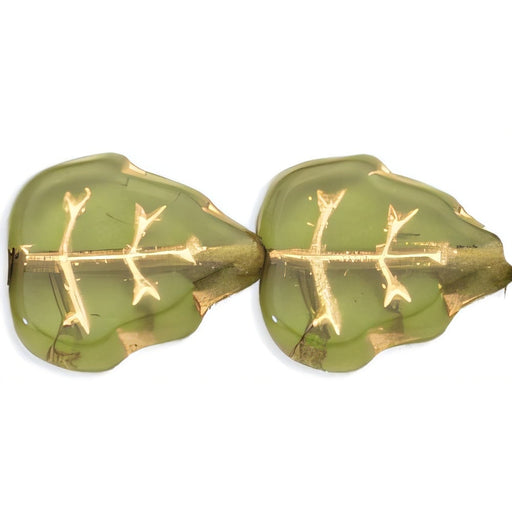 Czech Medium Leaves 12 x 10mm Vertical Hole Olivine - Gold Inlay (25pcs)