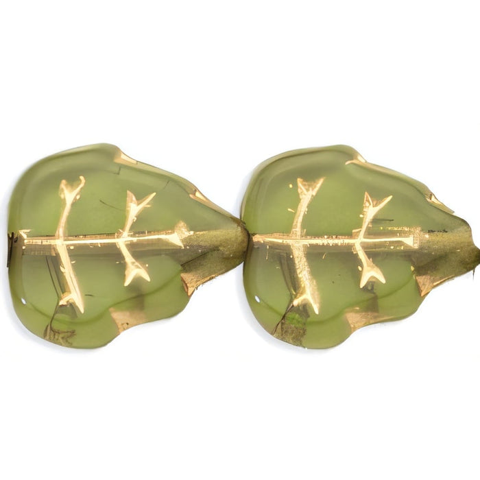 Czech Medium Leaves 12 x 10mm Vertical Hole Olivine - Gold Inlay (25pcs)