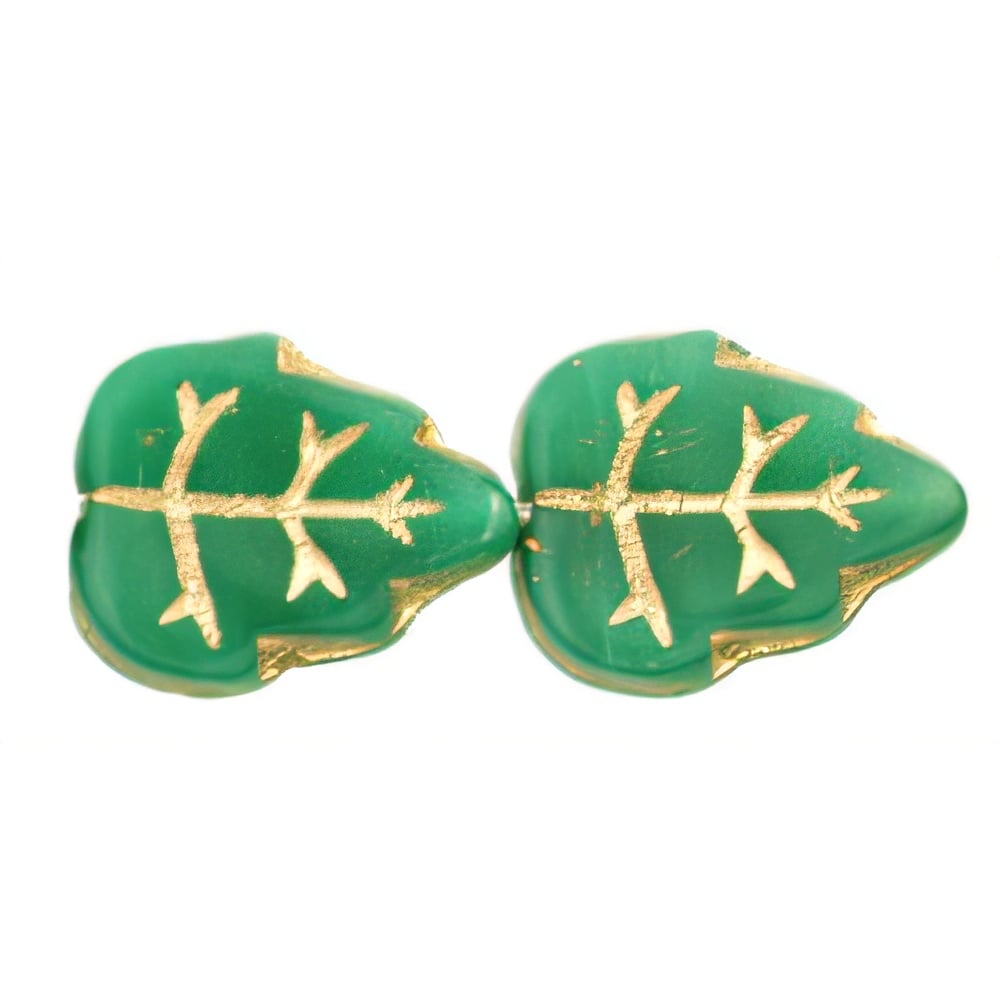 Czech Medium Leaves 12 x 10mm Vertical Hole Opaque Green - Gold Inlay (25pcs)