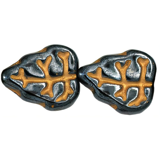 Czech Leaves 10 x 8mm Vertical Hole Hematite - Gold Inlay (25pcs)