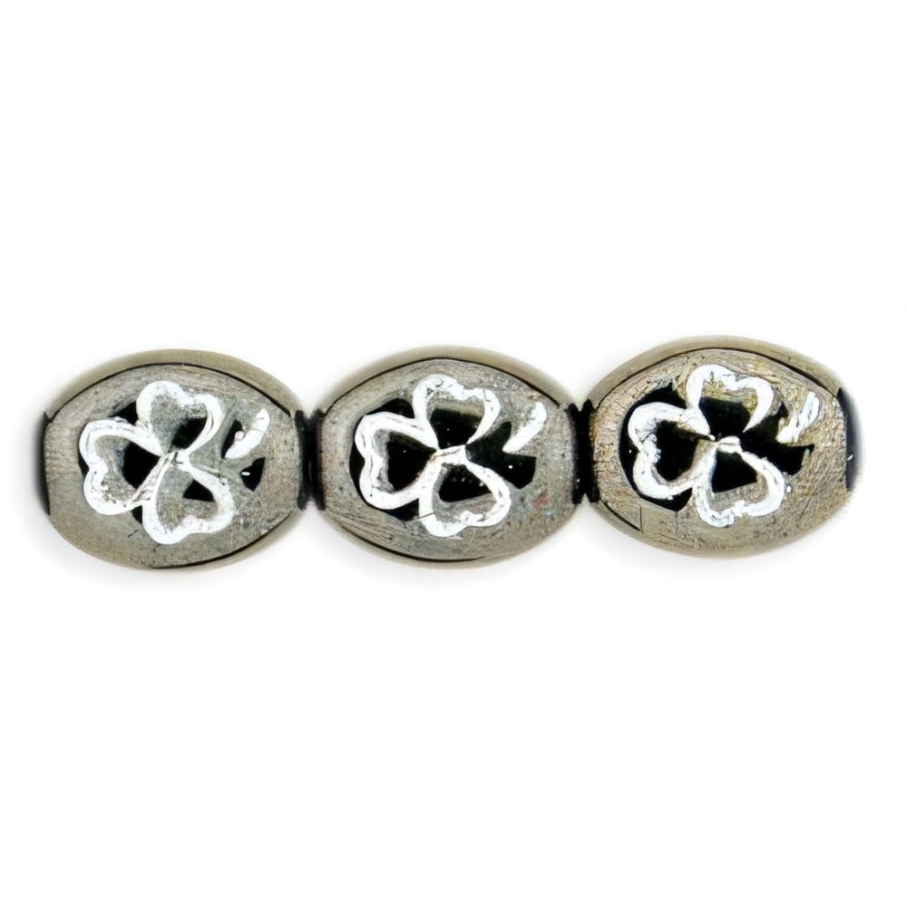 Czech Oval Clovers 10 x 9mm Hematite - White Inlay (25pcs)