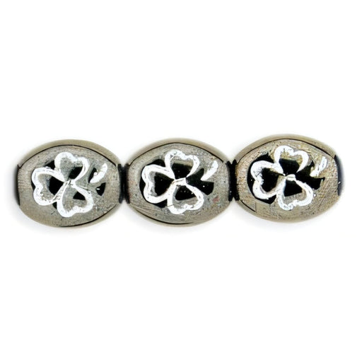 Czech Oval Clovers 10 x 9mm Hematite - White Inlay (25pcs)