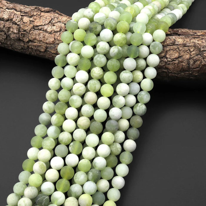 Natural Matte Green Serpentine Jade 8mm Smooth Round Bead Strand