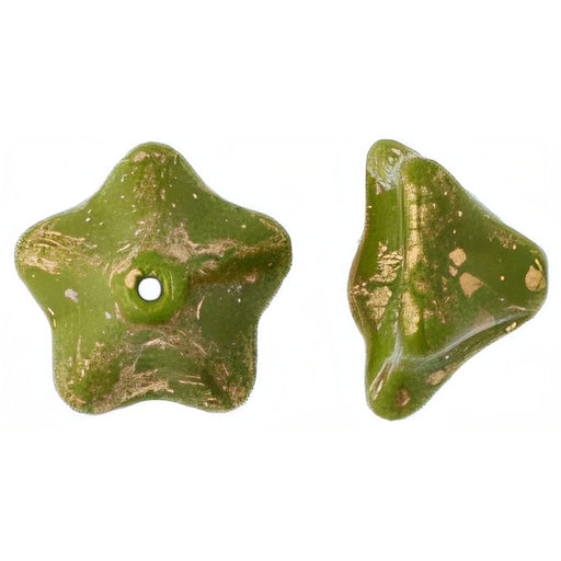 Czech Trumpet Flower 13 x 8mm Gold Marbled - Opaque Olive (25pcs)