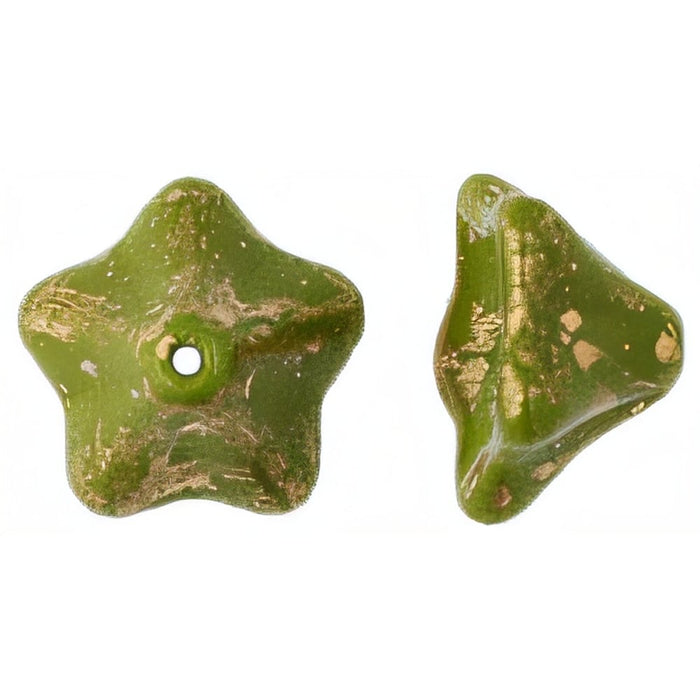 Czech Trumpet Flower 13 x 8mm Gold Marbled - Opaque Olive (25pcs)