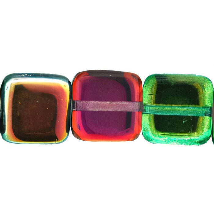 Czech Flat Squares 9mm Coated - Marea - Peacock/Gold (25pcs)