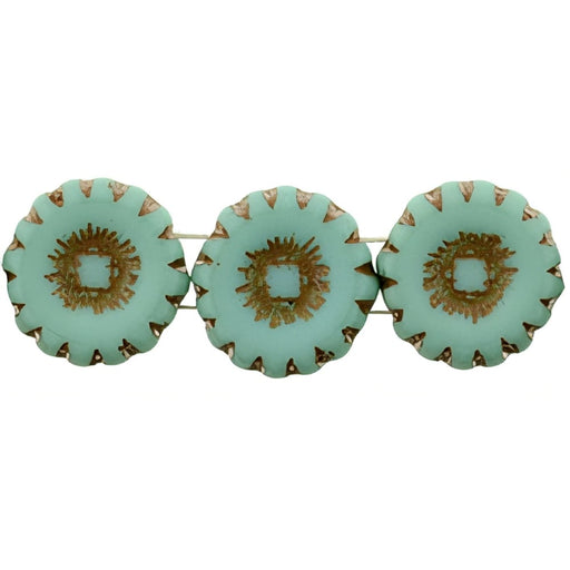 Czech Two Hole Sunflowers 12mm Turqoise - Brown Inlay (25pcs)