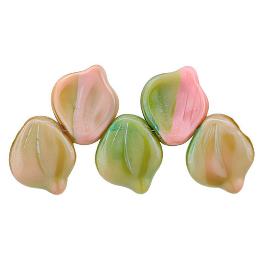 Czech Wavy Leaves 15 x 12mm Pink Coral/Olivine (25pcs)